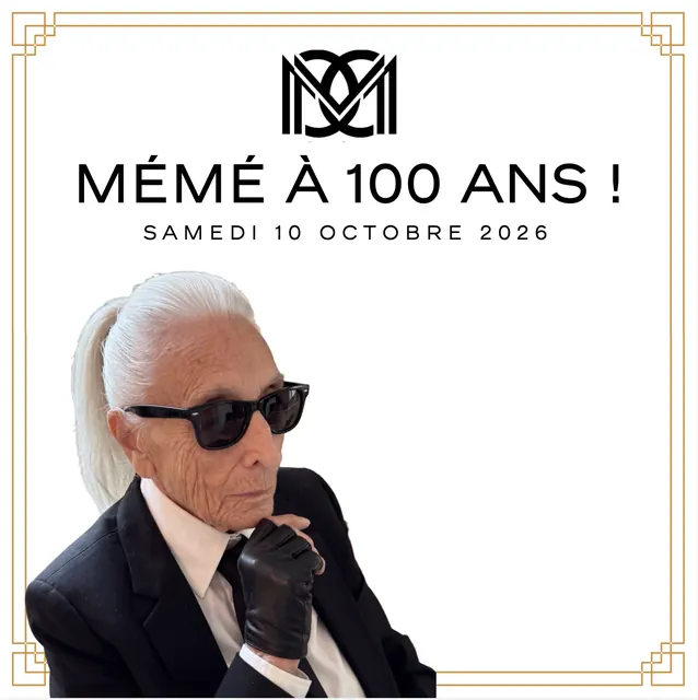 Einladung zum Fest: „Mémé à 100 ans !“, mit Mémés Porträt mit dunkler Sonnenbrille