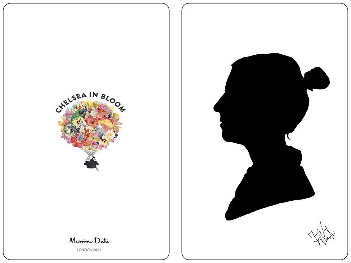 Personalisierte Scherenschnitt-Karte für Massimo Dutti, mit dem Chelsea-in-Bloom-London-Logo